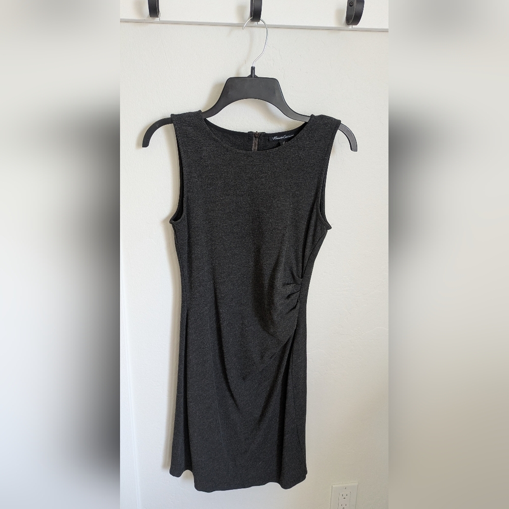 Kenneth Cole New York Hilary Dress Women's 4 Ruched Gray Sheath Dress Full Zip